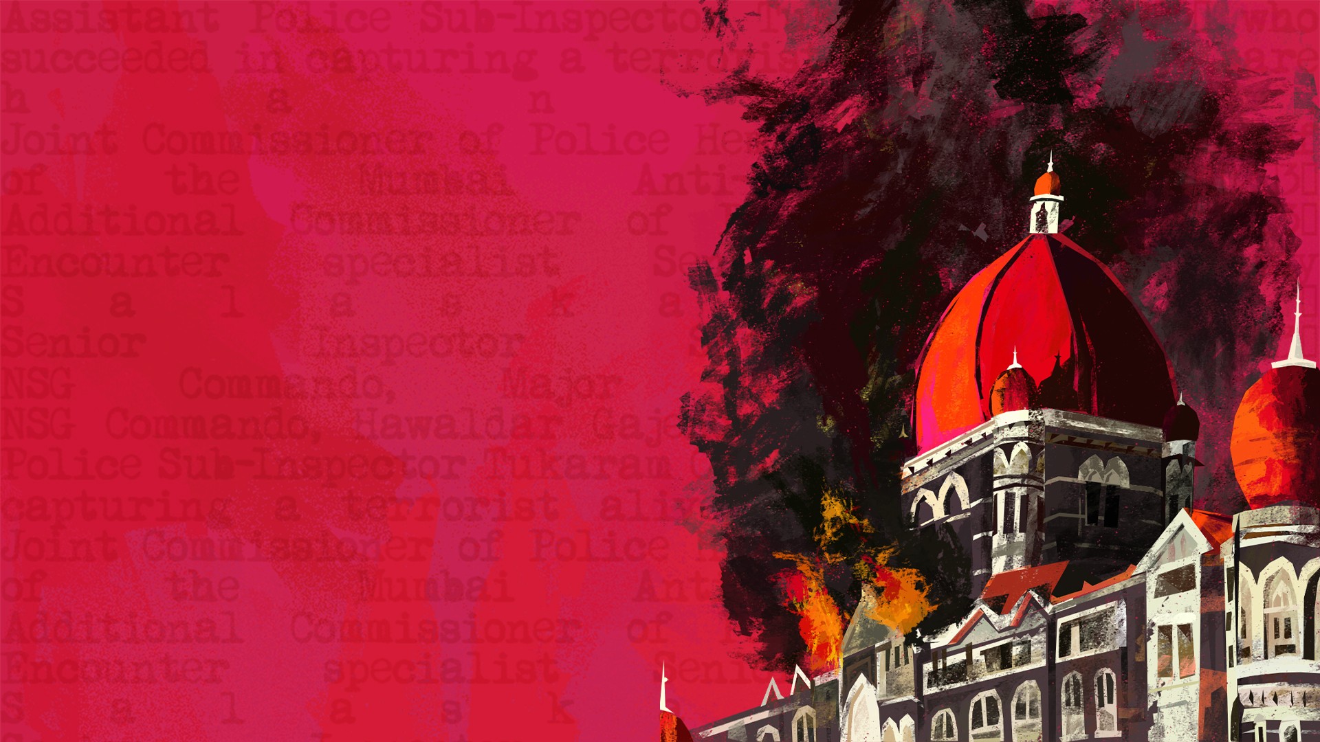 Illustration of the Taj Mahal Palace hotel in Mumbai engulfed in smoke and flames on a crimson background, from an animated tribute to the 26/11 attacks