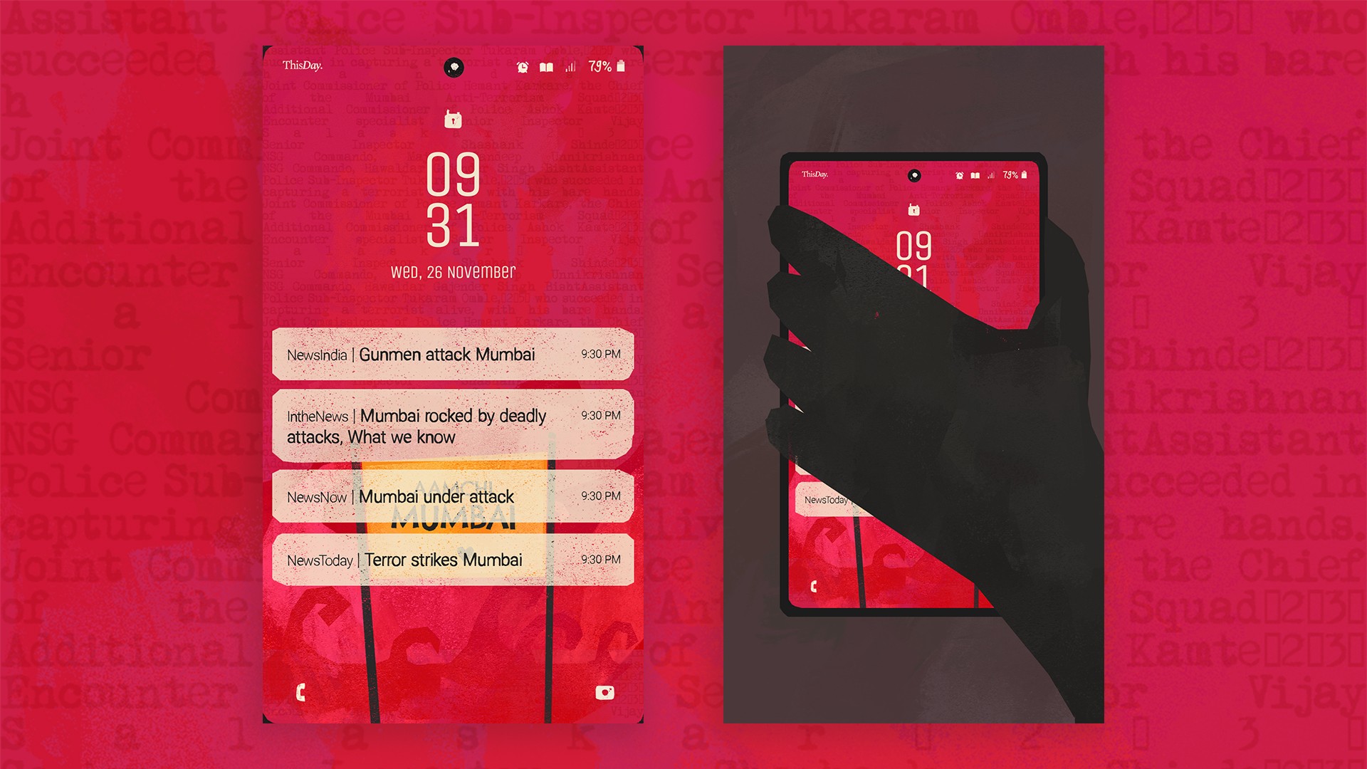 Animation frames showing phone news alerts about the Mumbai terror attacks and a hand gripping a smartphone