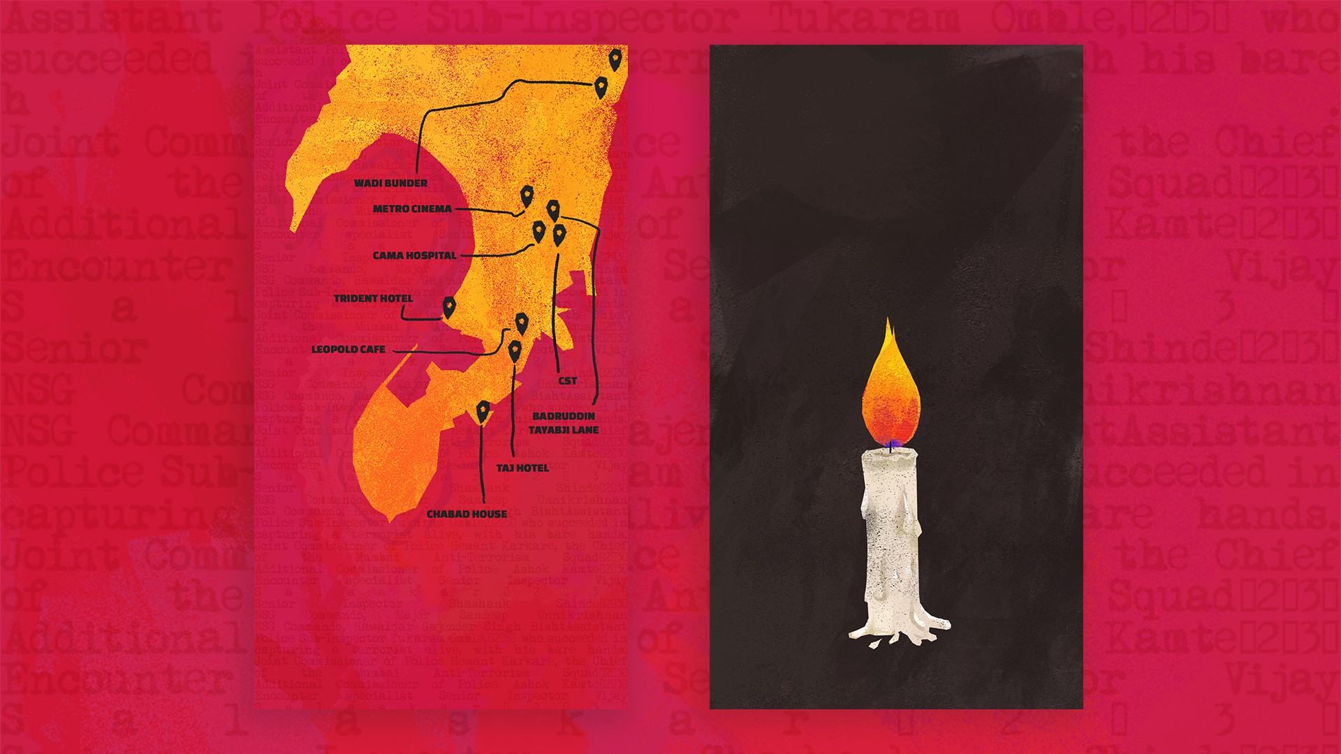 Illustrated map of Mumbai marking the 26/11 attack sites, beside a single lit memorial candle