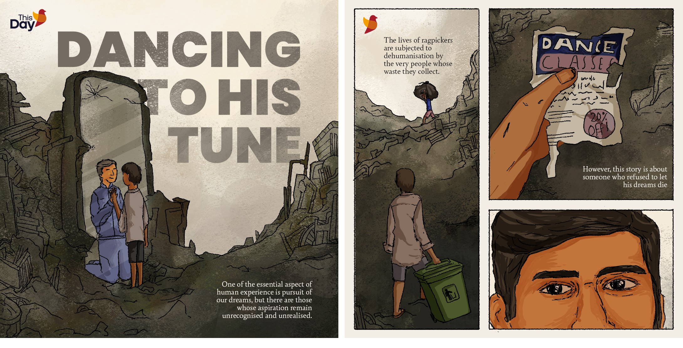 Opening comic spread of Dancing to His Tune with a close-up of a determined young man and a crumpled dance flyer