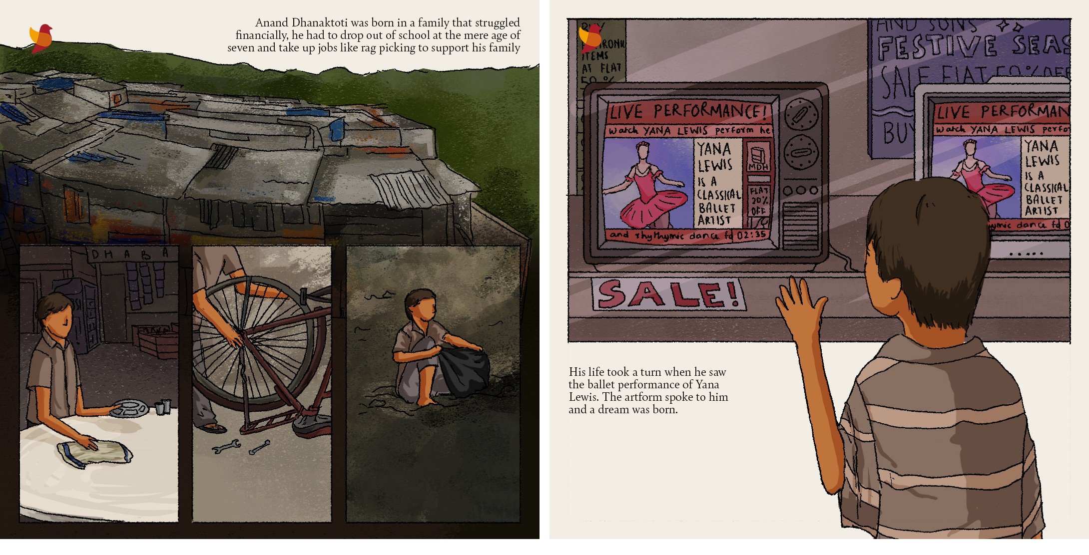 Comic spread of a young boy in a Mumbai slum watching ballet on a shop television through the window