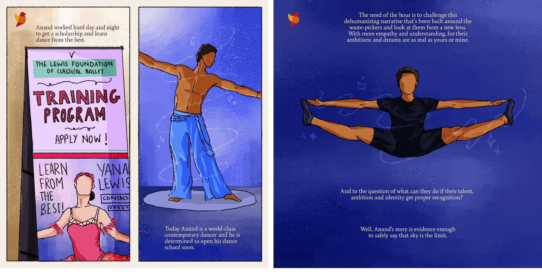 Comic spreads of Anand Dhankoti training at a ballet programme and performing a split leap against a deep blue sky