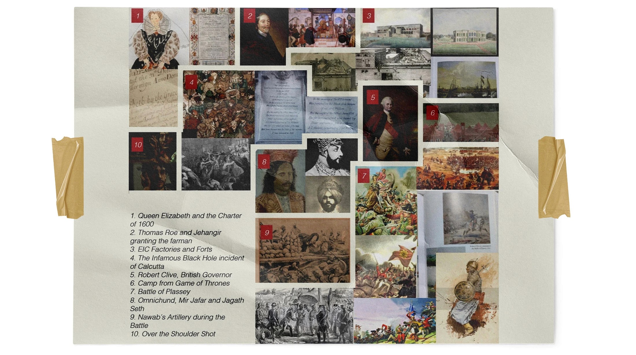 Mood board of historical paintings and portraits used as reference for the Battle of Plassey zine