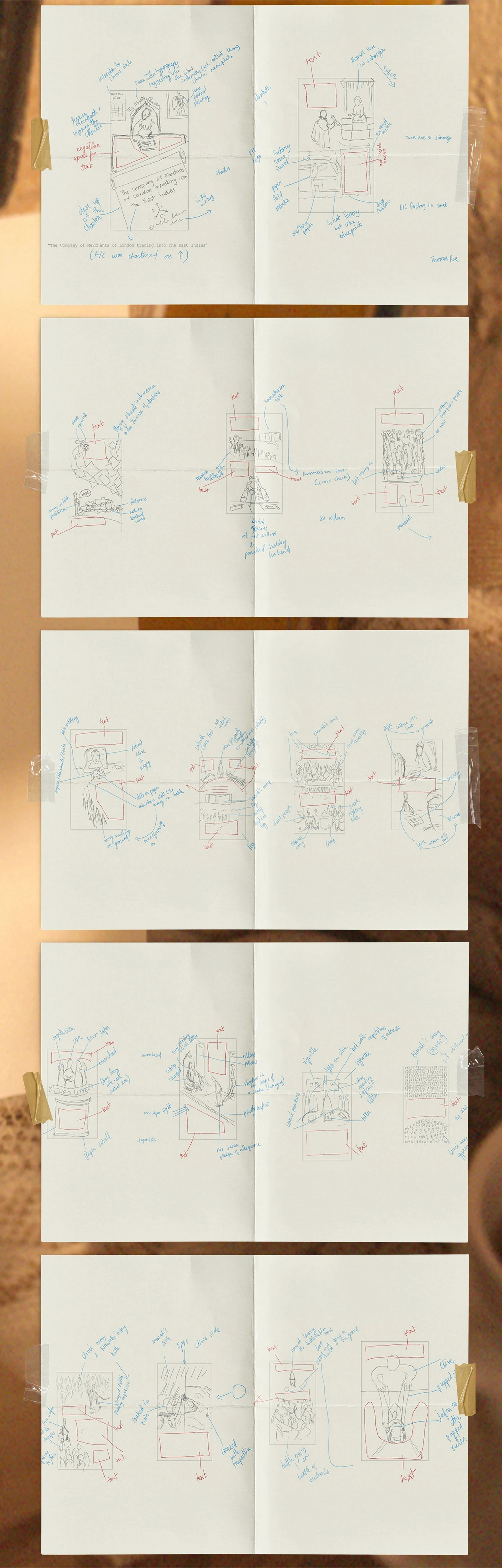 Pencil thumbnail storyboards for the pages of the Battle of Plassey zine