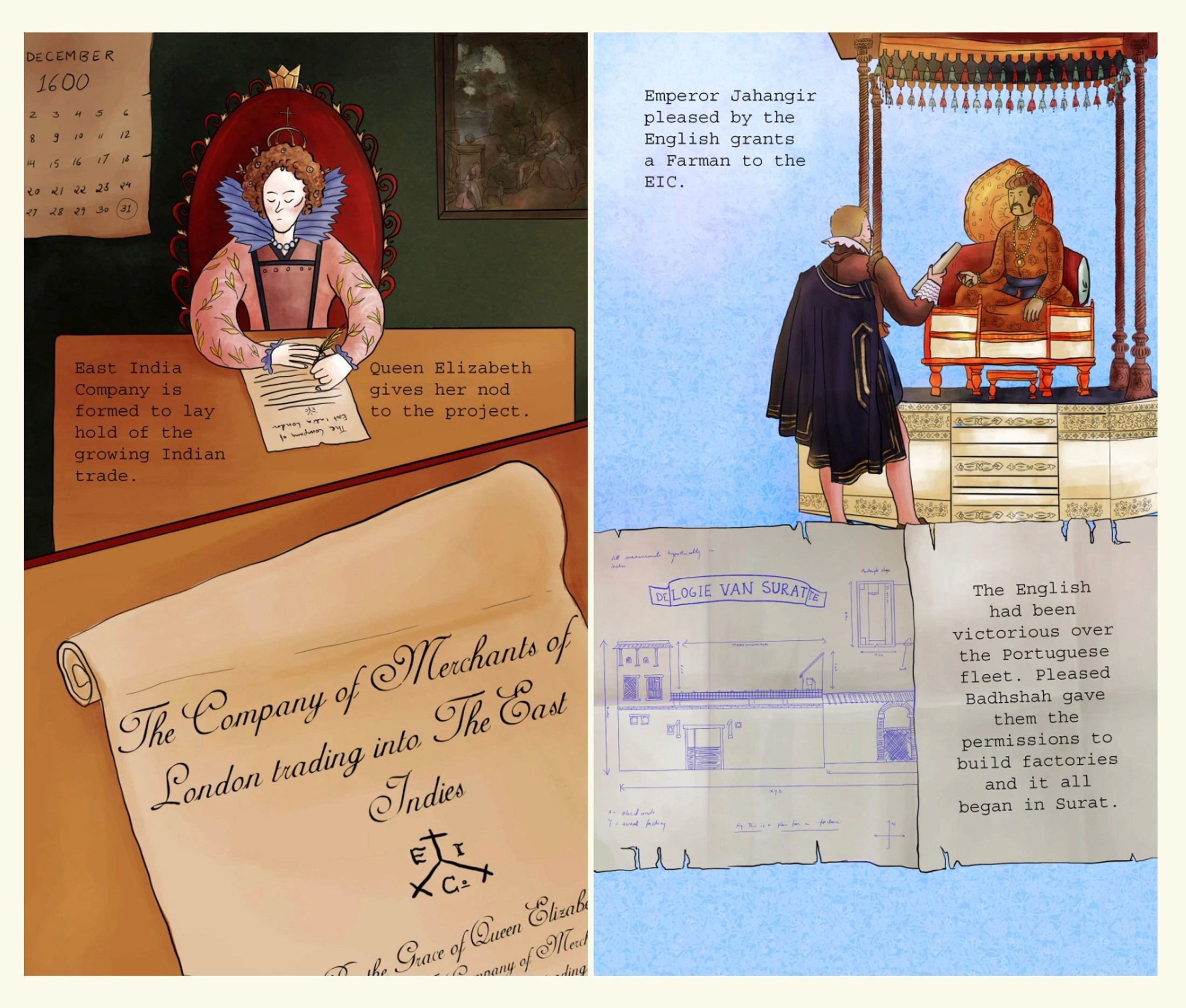 Zine spread illustrating Queen Elizabeth I granting the East India Company charter and Emperor Jahangir receiving the English