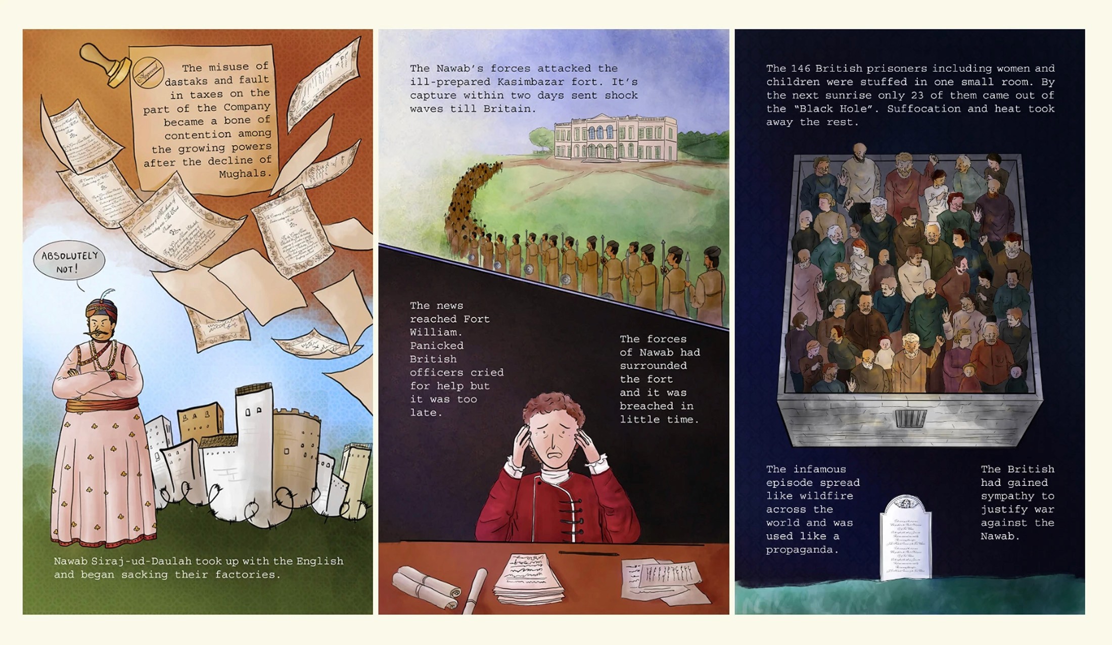 Zine spread on the East India Company's rise in Bengal and the Black Hole of Calcutta, in illustrated comic panels