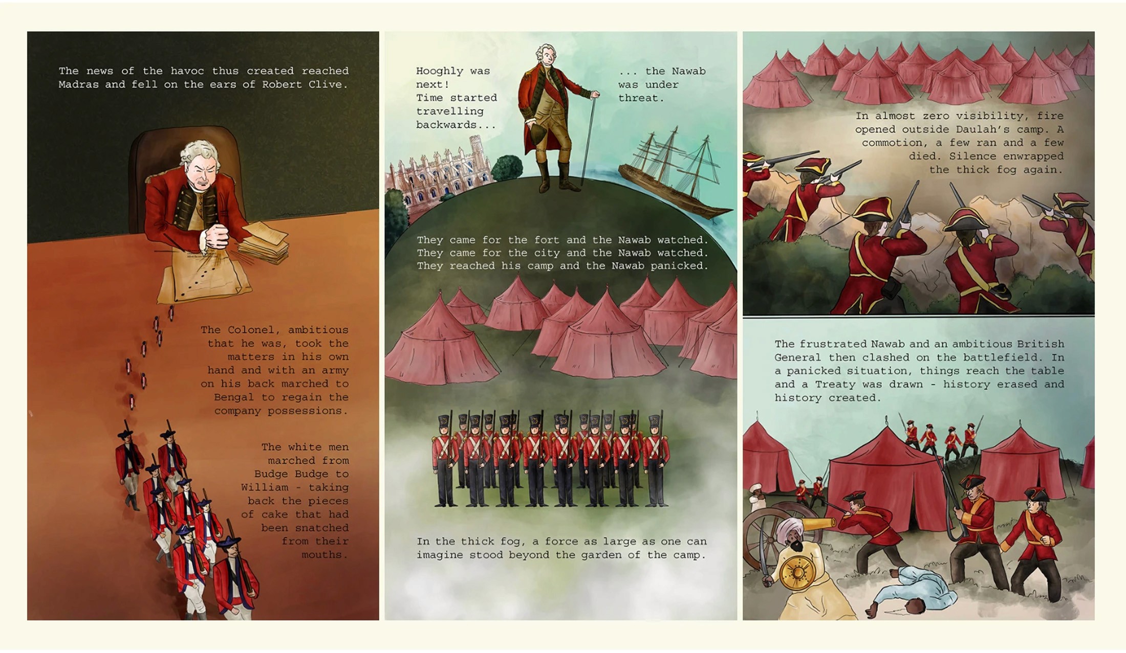 Zine spread of Robert Clive plotting with red-coated British soldiers and tents on the battlefield of Plassey
