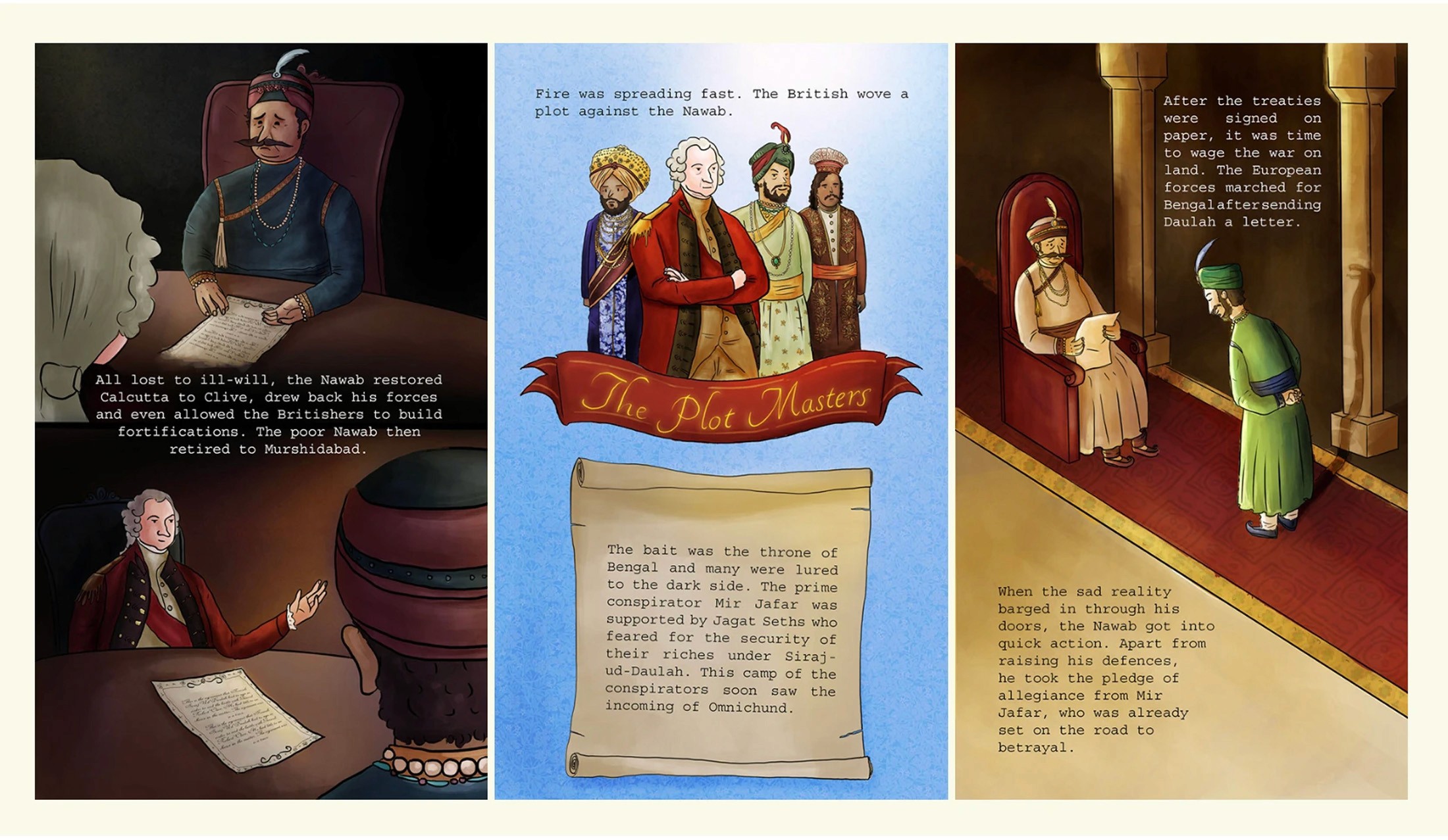 Zine spread of the conspirators against Nawab Siraj ud-Daulah, with a scroll titled The Plot Masters