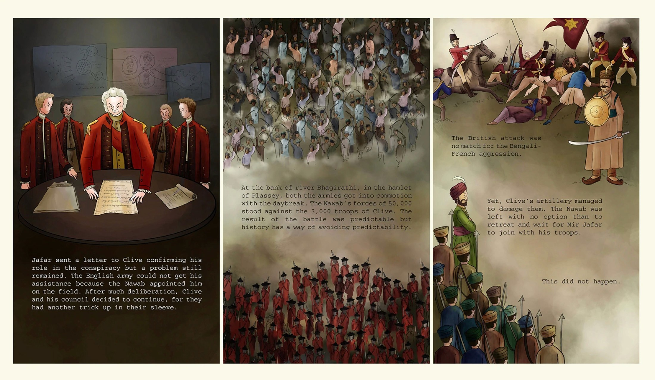 Zine spread of the British East India Company council, a dense crowd of soldiers, and the battle at Plassey