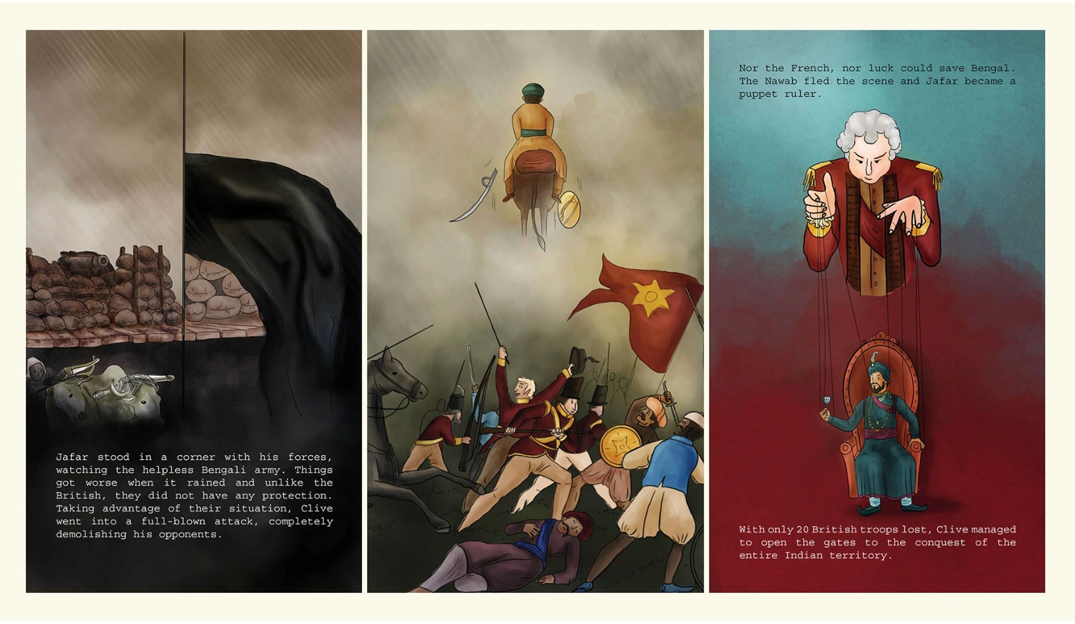Zine spread of the Battle of Plassey's climax: Mir Jafar's betrayal, a cavalry charge and Clive seated in triumph