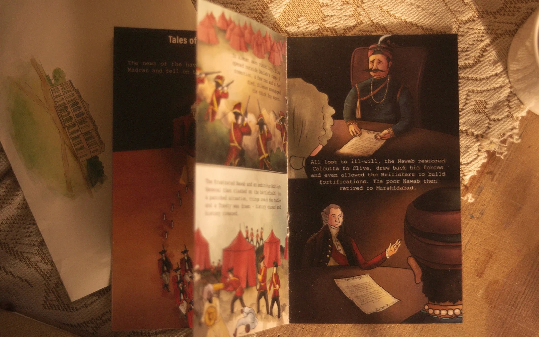 Fold-out pages of the Battle of Plassey zine showing illustrated scenes of the Nawab and the British