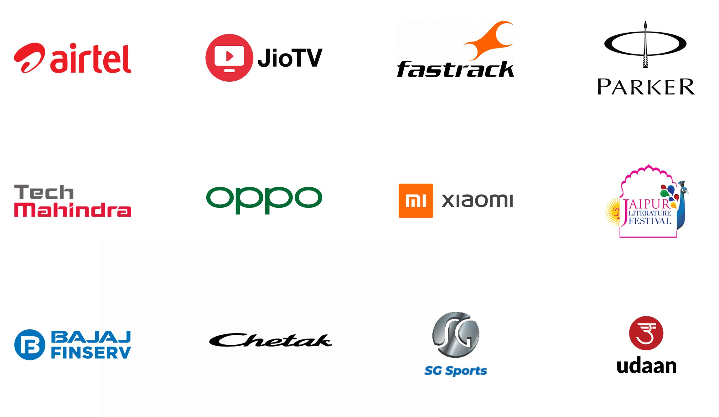 Logos of brands Riya Kumari has worked with: Airtel, JioTV, Fastrack, Parker, Tech Mahindra, Oppo, Xiaomi, Jaipur Literature Festival, Bajaj Finserv, Chetak, SG Sports and Udaan