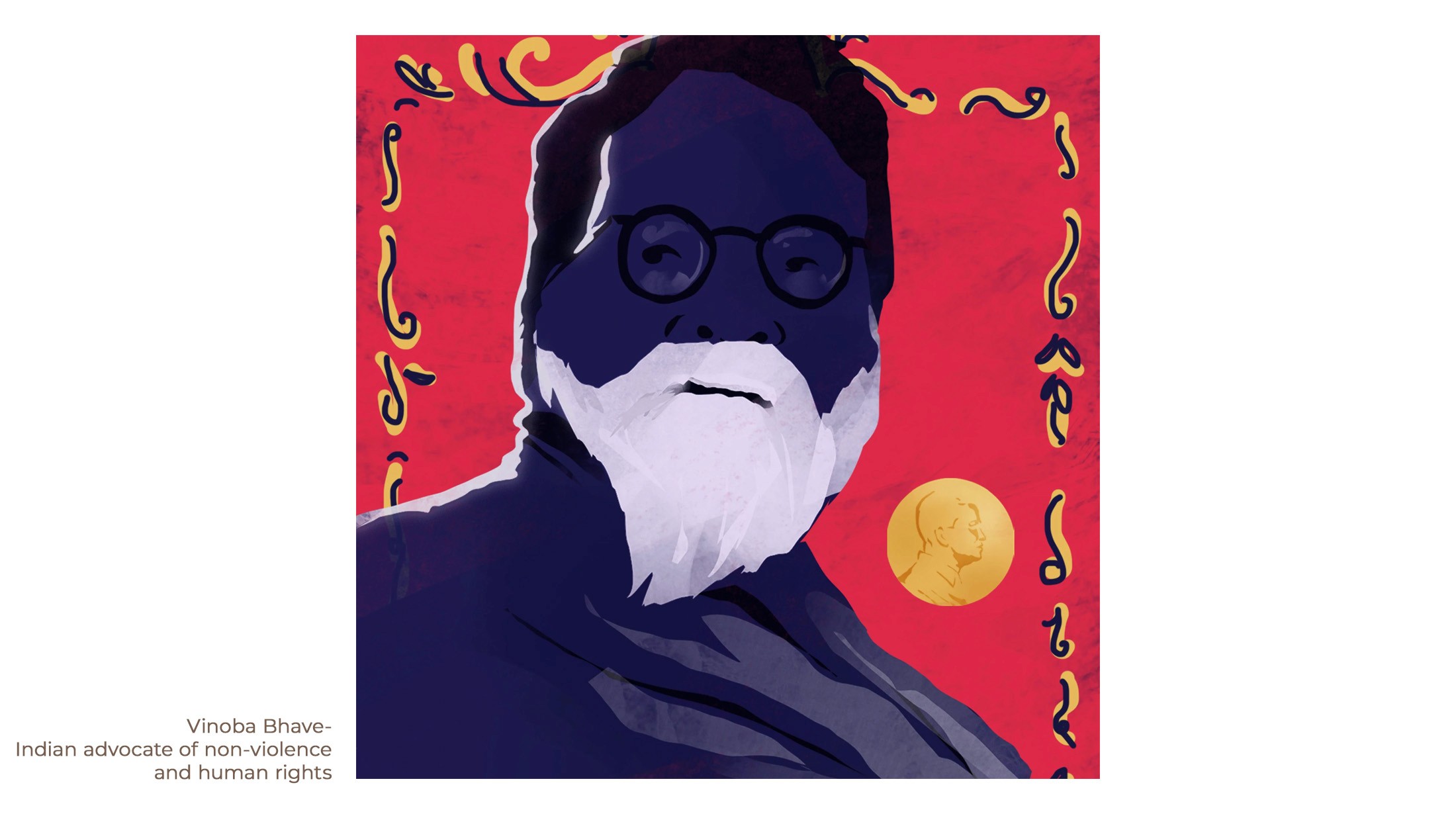 Portrait illustration of Vinoba Bhave, Indian advocate of non-violence, with a white beard and round glasses on red