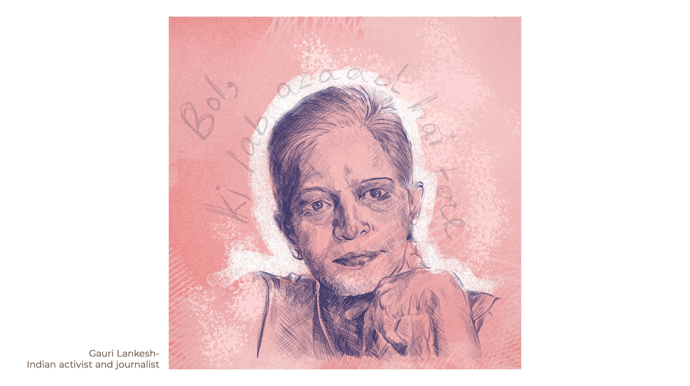 Pencil-textured portrait illustration of journalist and activist Gauri Lankesh in soft pink tones