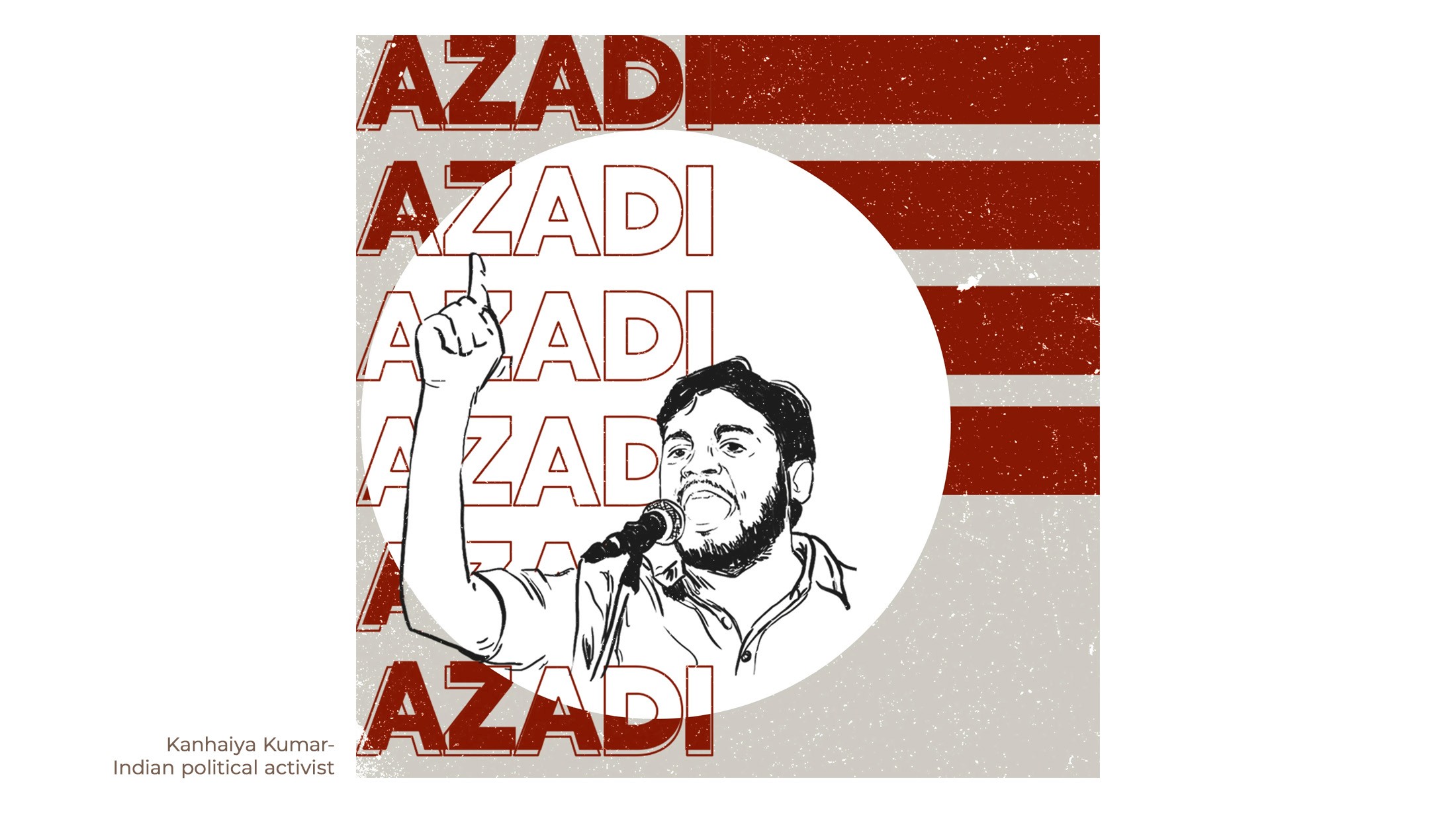 Illustration of activist Kanhaiya Kumar speaking into a microphone in front of repeated red Azadi lettering