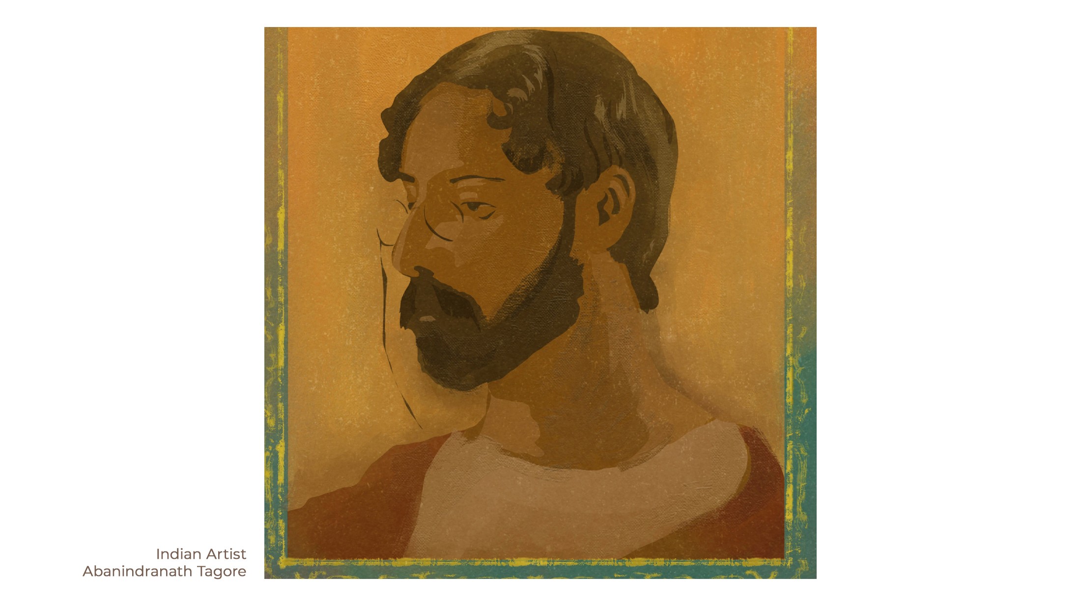 Painterly portrait of the Indian artist Abanindranath Tagore in warm ochre and brown