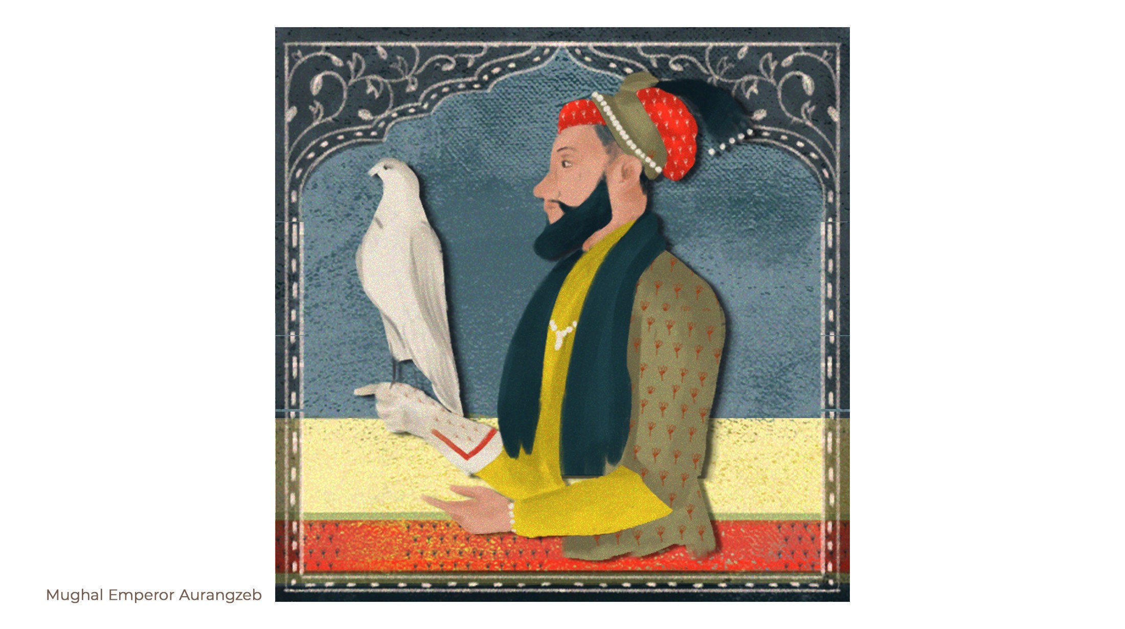 Miniature-style portrait of Mughal Emperor Aurangzeb holding a white falcon