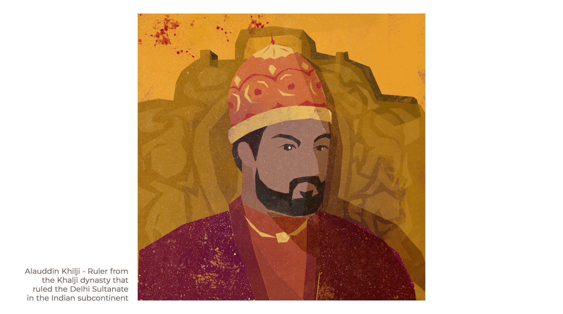 Portrait illustration of Alauddin Khilji, ruler of the Delhi Sultanate, in a red turban on a mustard background
