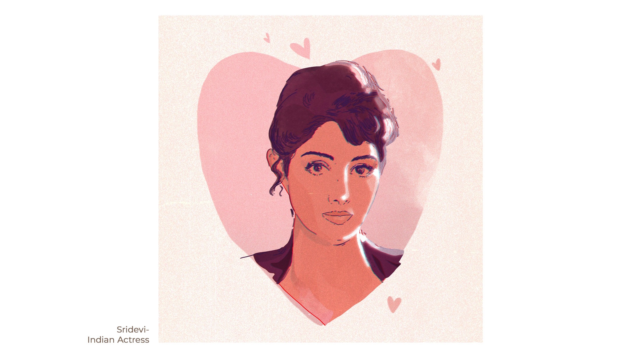 Portrait illustration of Bollywood actress Sridevi framed by a soft pink heart