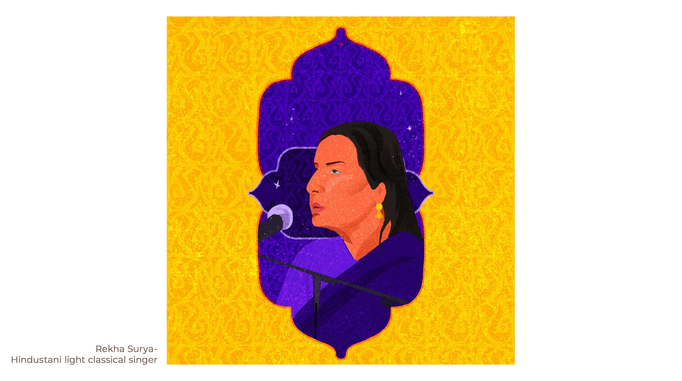 Portrait illustration of Hindustani classical singer Rekha Surya in a purple arch on a yellow patterned background
