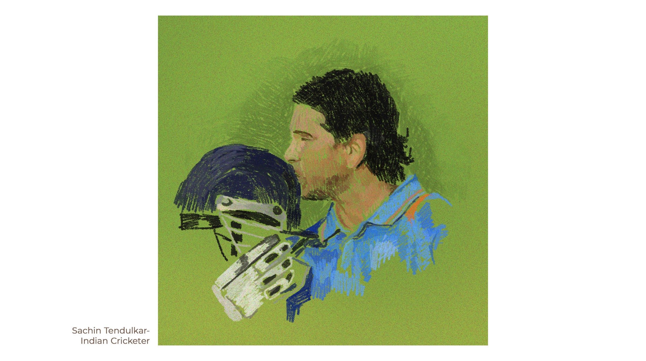 Watercolour-style portrait of cricketer Sachin Tendulkar holding his helmet, on a green background