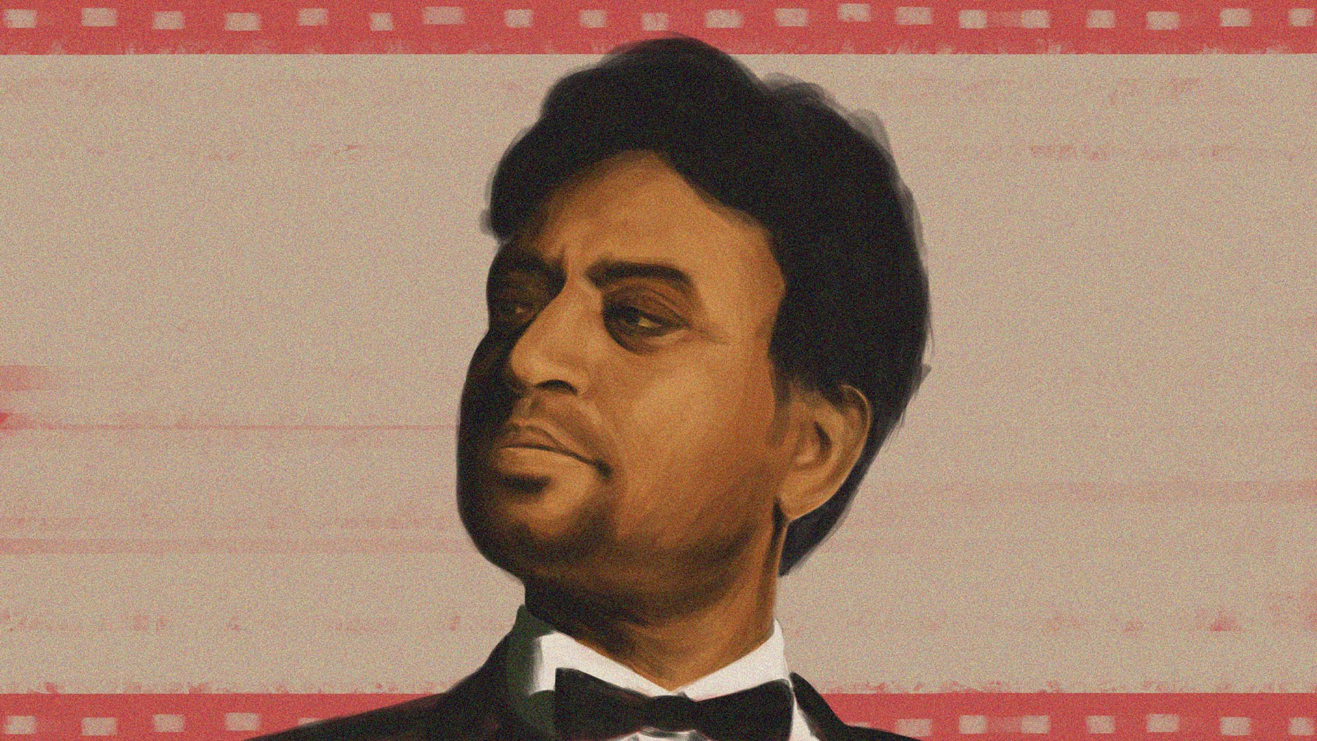 Editorial portrait illustration of actor Irrfan Khan in a black tuxedo against a faded pink film-strip border