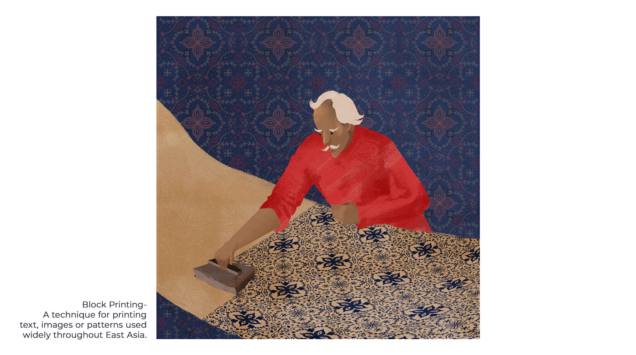 Illustration of an artisan hand block printing indigo fabric with a wooden block