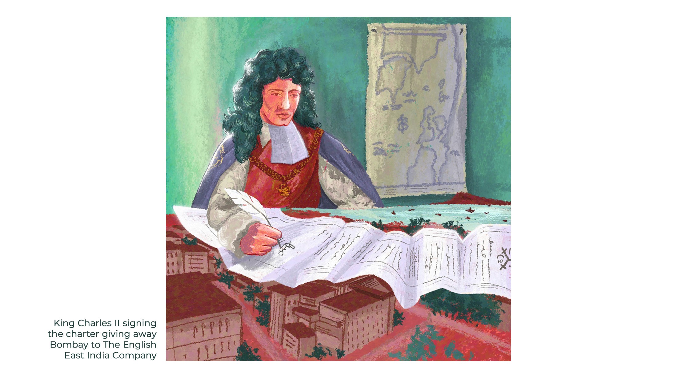 King Charles II signing the Bombay charter with a quill, editorial illustration for ThisDay