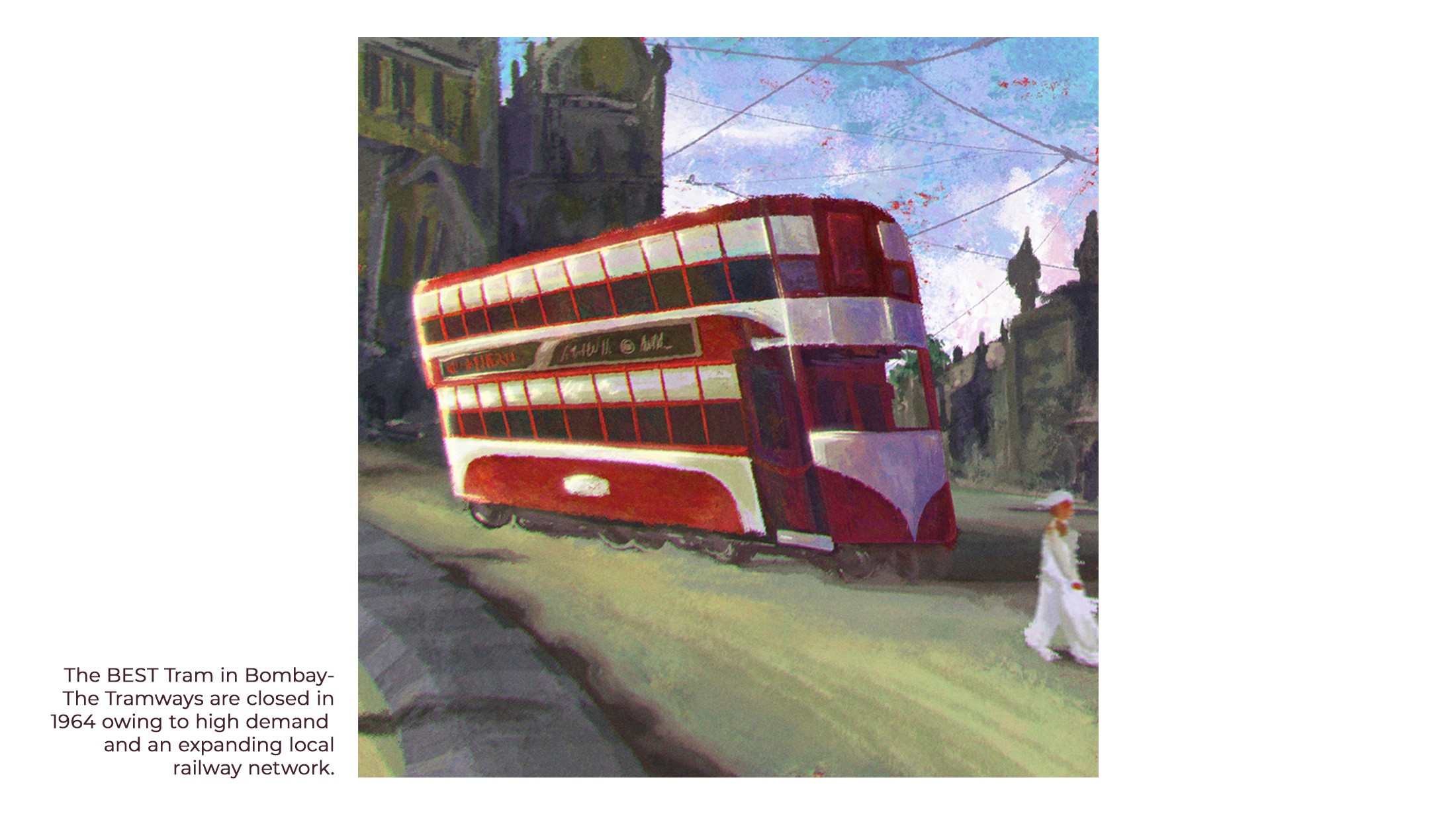 Illustration of a red double-decker BEST tram in old Bombay rolling past Victorian buildings
