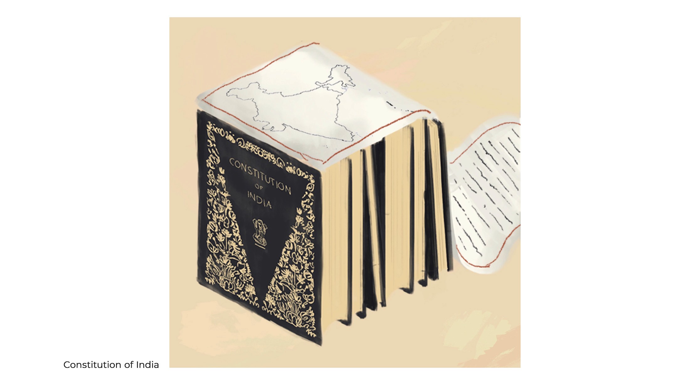 Illustration of the Constitution of India as an ornate black book with its pages fanning out