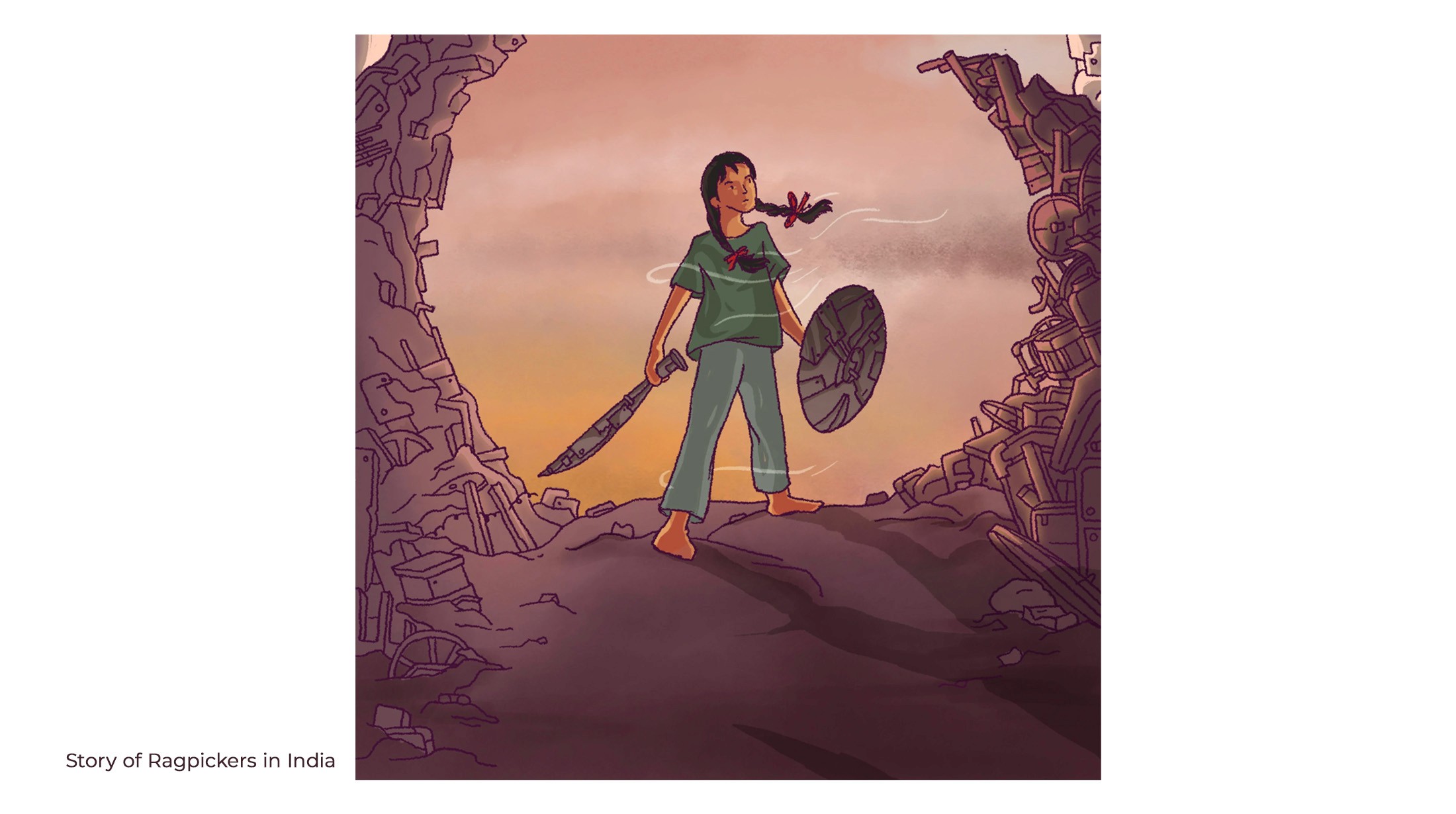 Illustration of a young girl holding a shield and a stick among heaps of waste, from a story about ragpickers in India