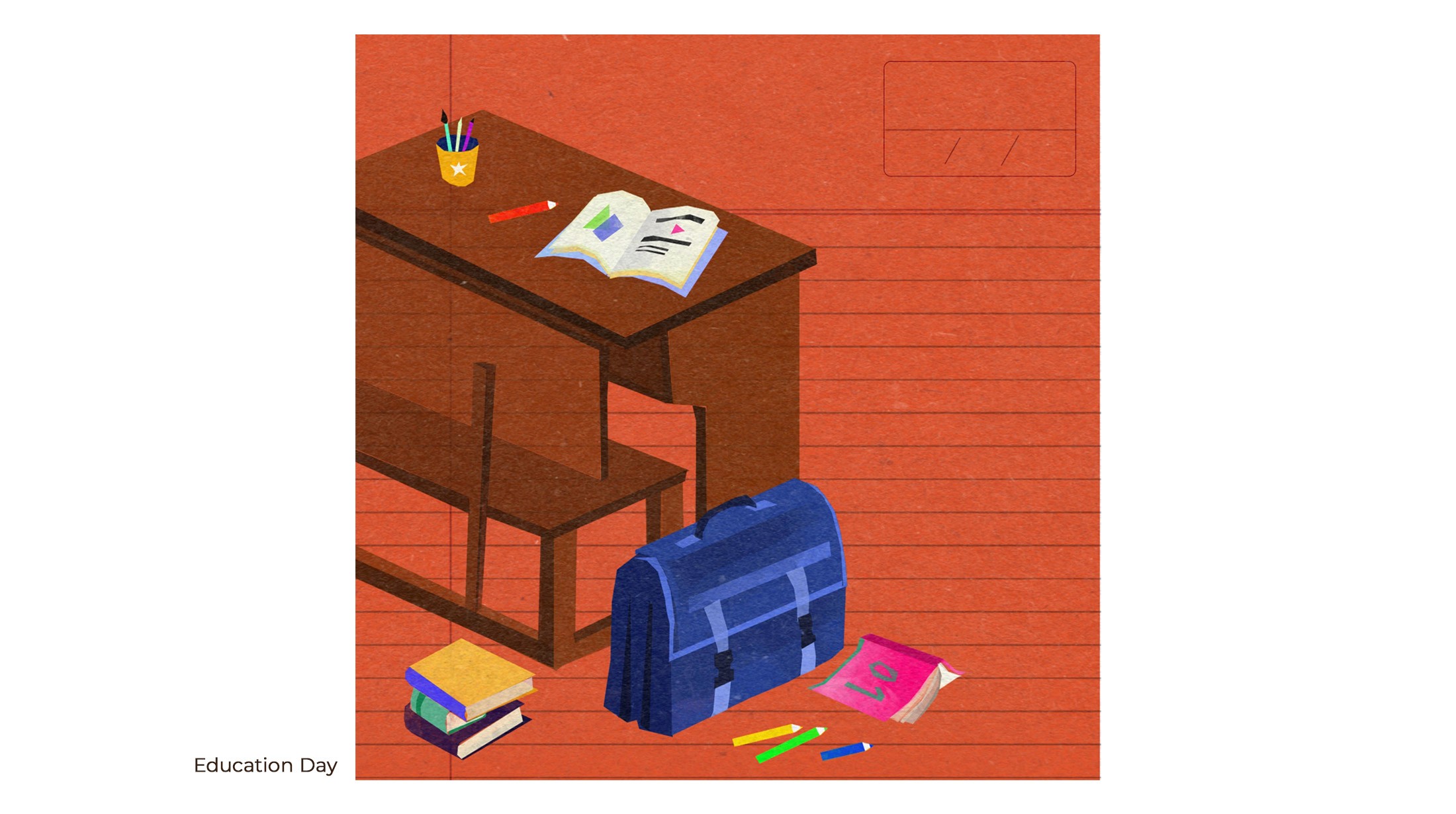 Education Day illustration of a wooden school desk, an open book and a blue school bag on an orange background