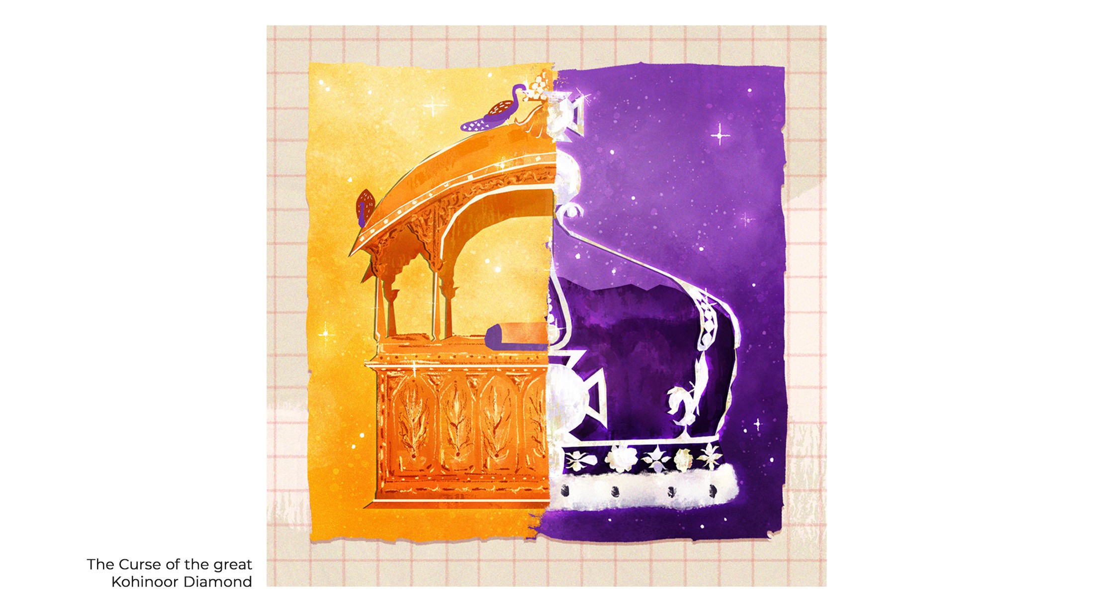 Split illustration of a golden Mughal throne and the British crown, about the curse of the Kohinoor diamond