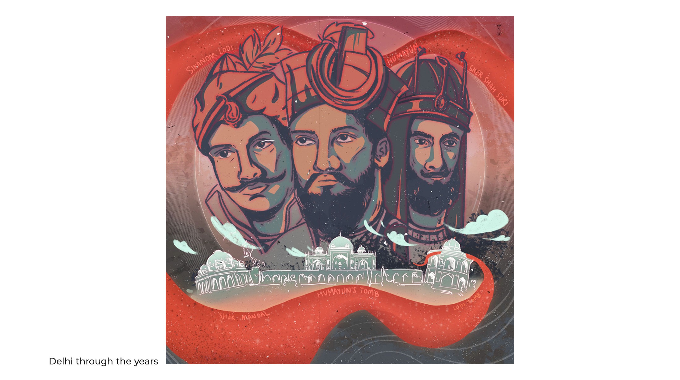 Illustration of three historic rulers of Delhi above a sketch of the city, from Delhi Through the Years