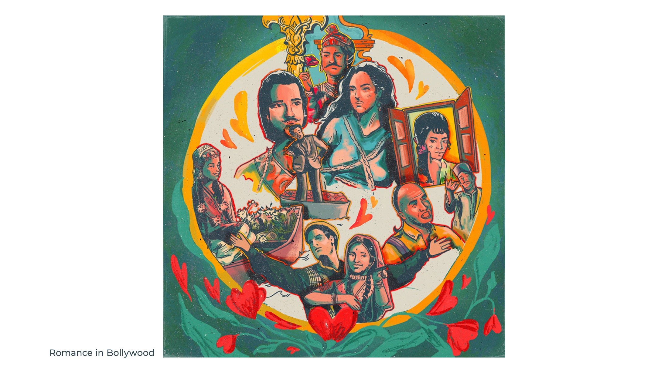 Romance in Bollywood illustration: a circular collage of classic Hindi film couples with red hearts on teal