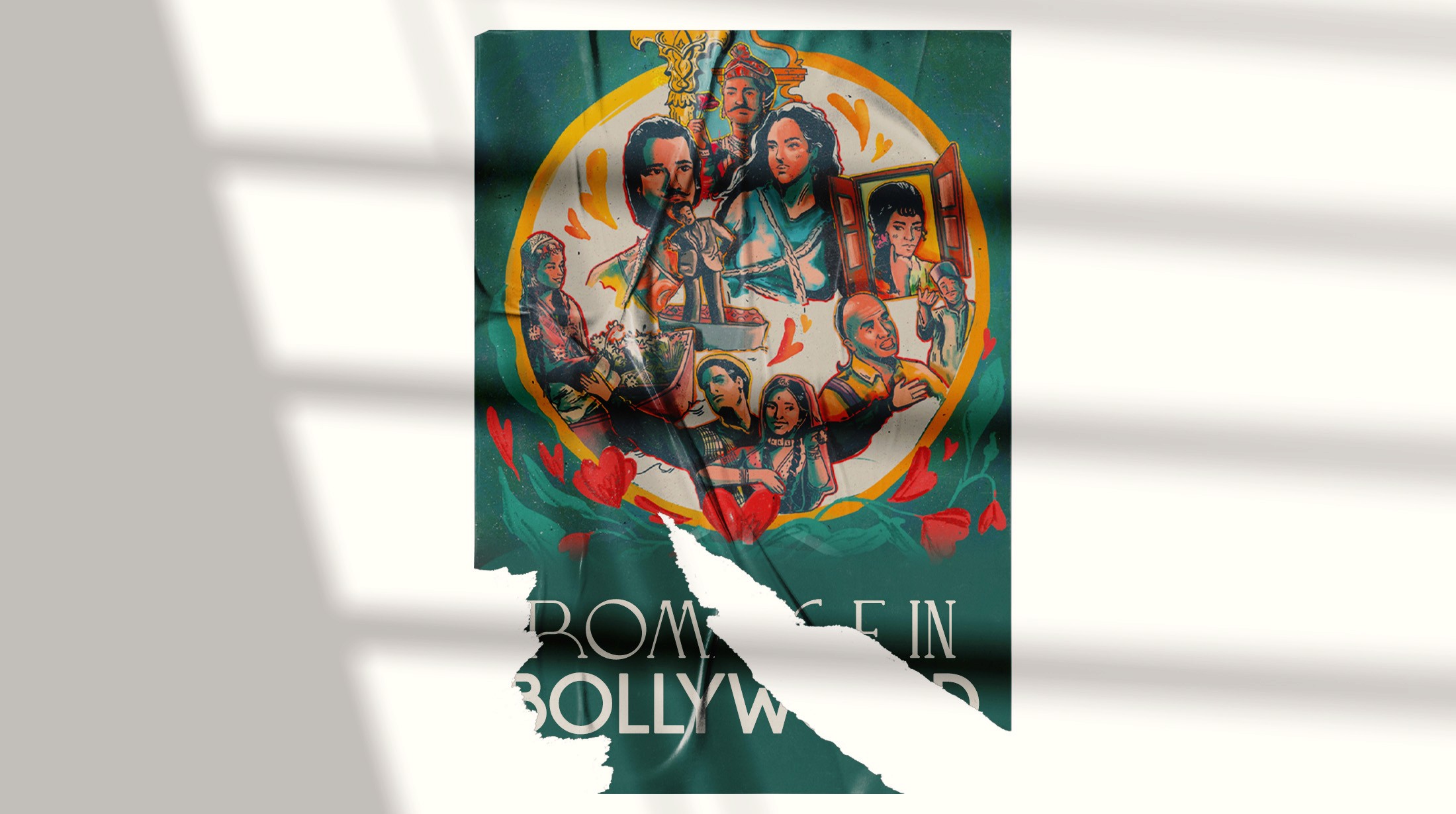 Romance in Bollywood poster mockup with torn edges, pinned to a sunlit wall