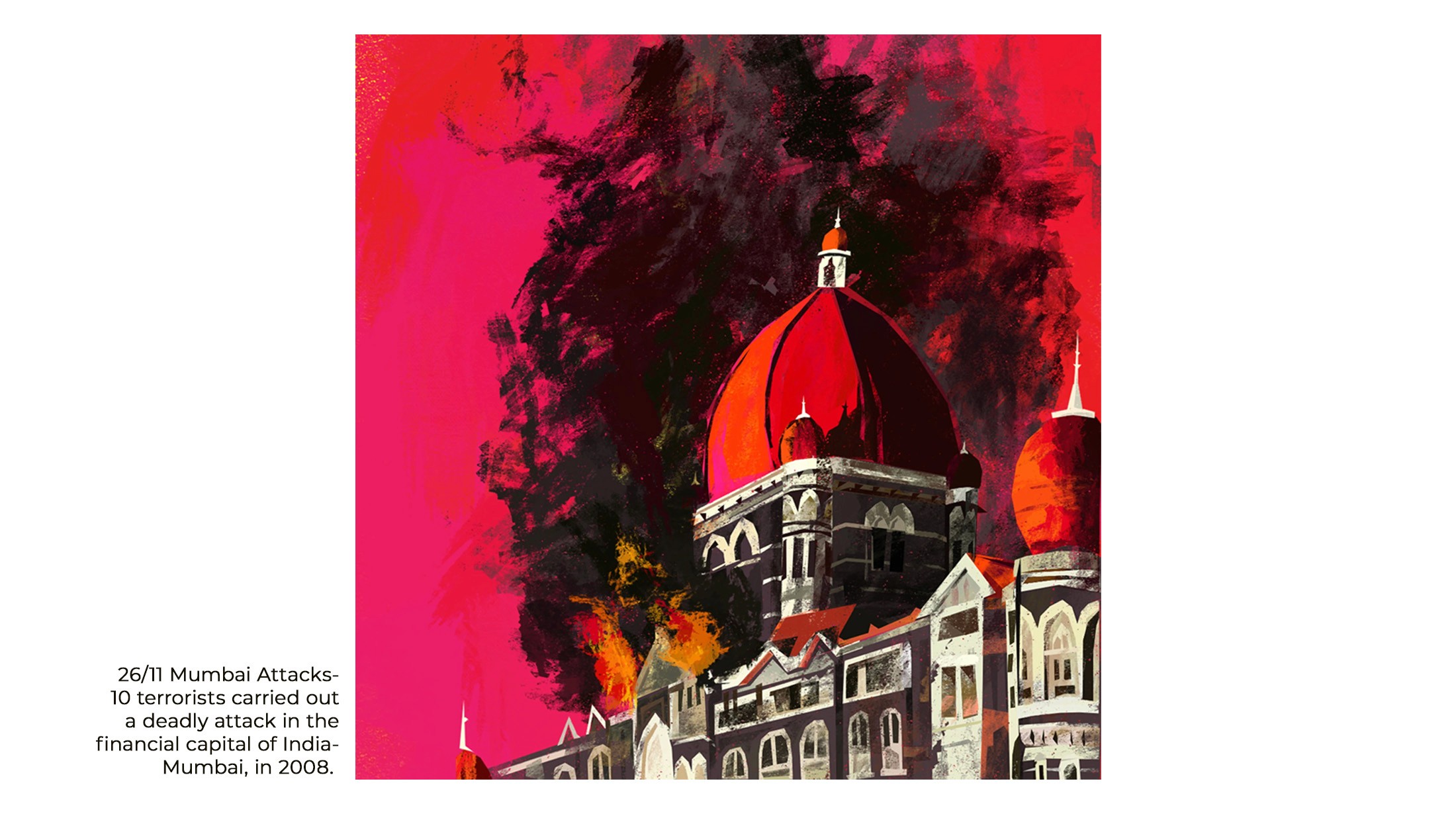 Illustration of the Taj Mahal Palace hotel burning during the 26/11 Mumbai attacks, in crimson and black
