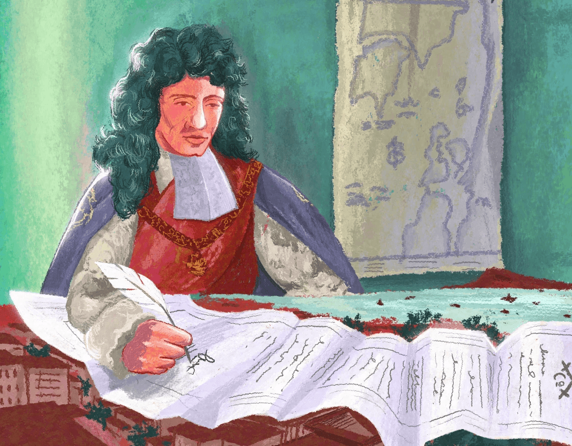 Editorial illustration of King Charles II signing the charter that gave Bombay to the East India Company, with a map behind him