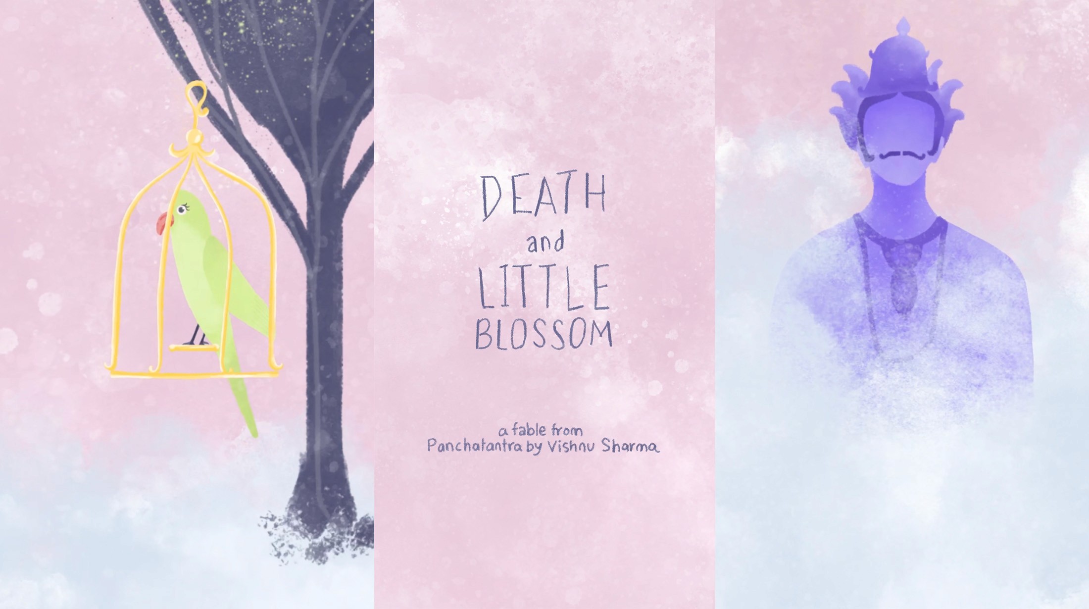 Title frame of the animated Panchatantra fable Death and Little Blossom: a green parrot in a golden cage beside a purple Yama, in pastel pink