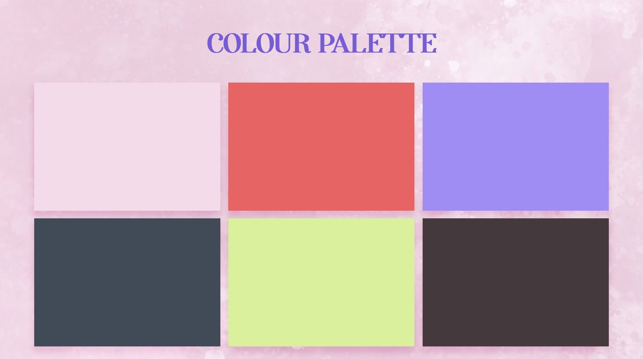 Colour palette for the Death and Little Blossom animation: pale pink, coral, lavender, slate, lime and plum