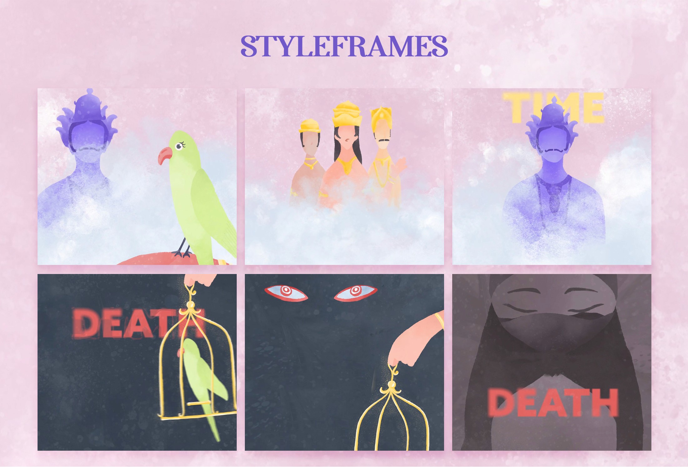 Style frames from the Death and Little Blossom animation with the parrot, Yama, the Immortals and the word Death