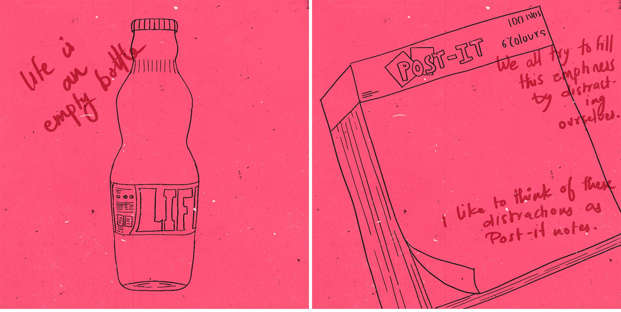 Comic panels: Life is an empty bottle, and a pad of Post-it notes standing for the distractions we fill it with