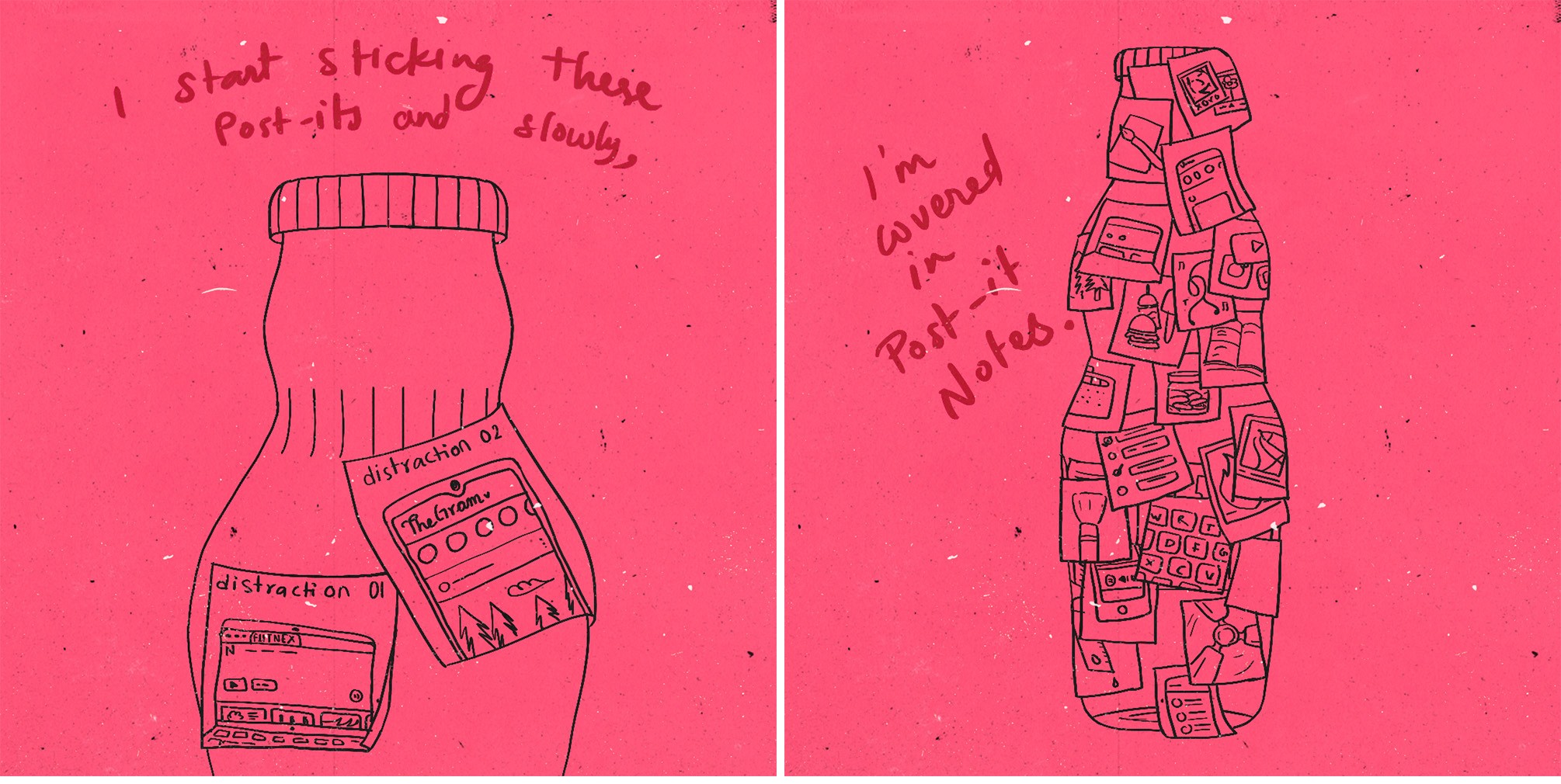 Comic panels of a bottle slowly being covered in Post-it notes, drawn in black ink on pink