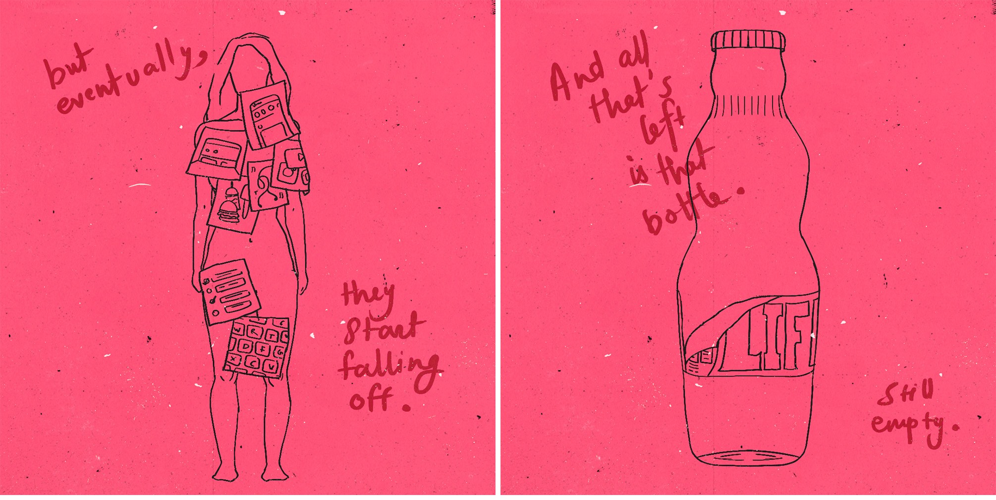 Comic panels of a figure as the Post-it notes start falling off, leaving the bottle of life still empty