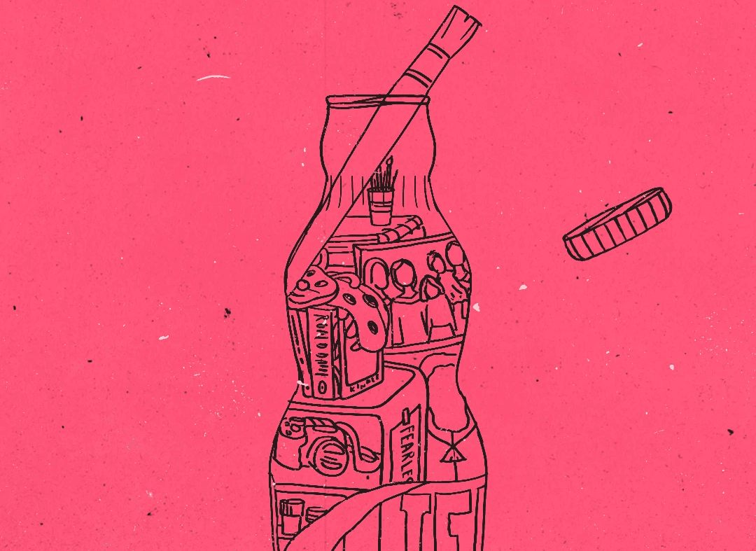 Black line drawing of a bottle stuffed with everyday distractions on a hot pink background, from the mini comic Empty Bottles
