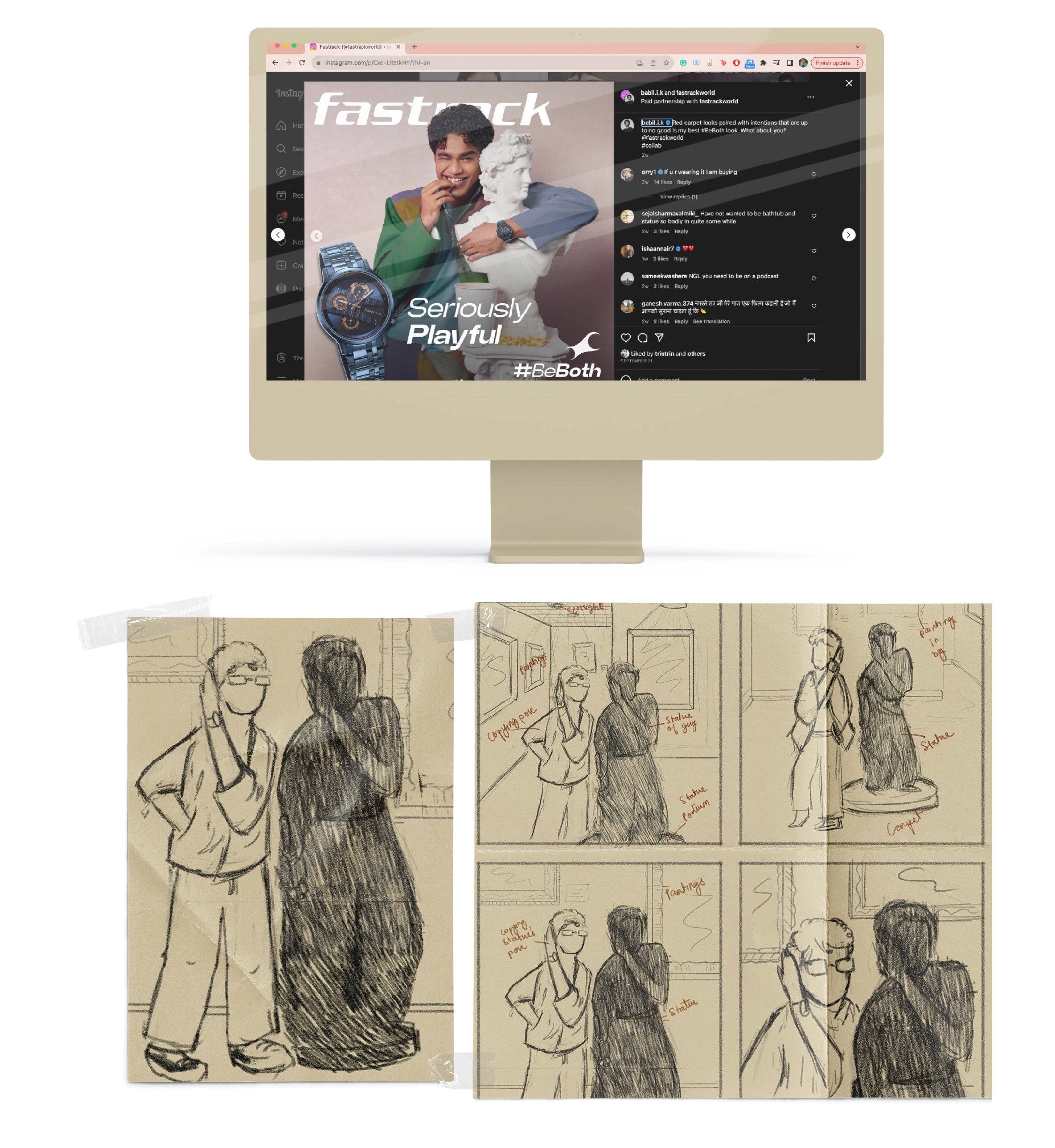 Fastrack Seriously Playful post of a man posing with a statue, above the matching pencil storyboards