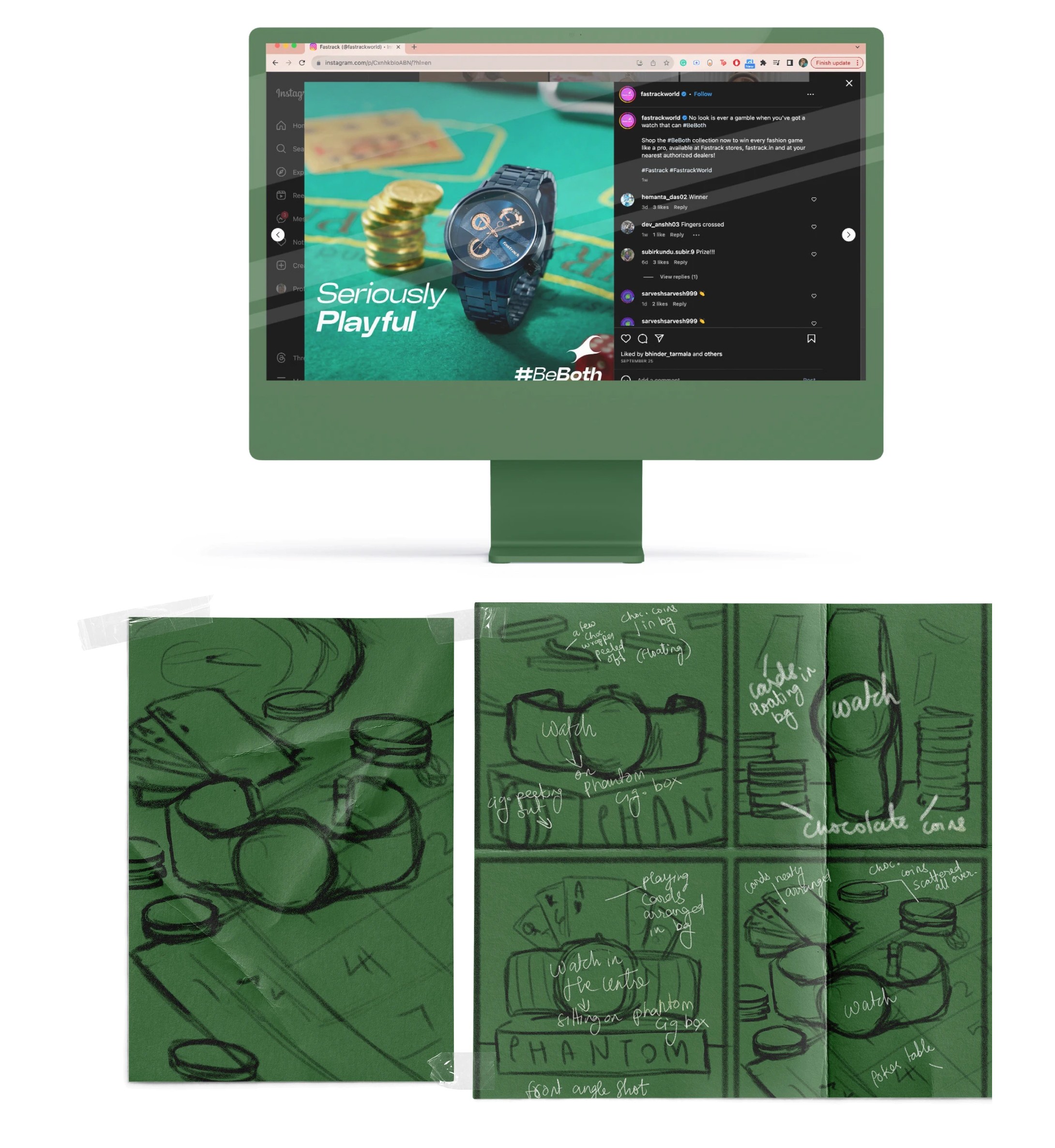 Fastrack watch on a casino table with stacked chips on a green monitor, with the matching storyboard sketches