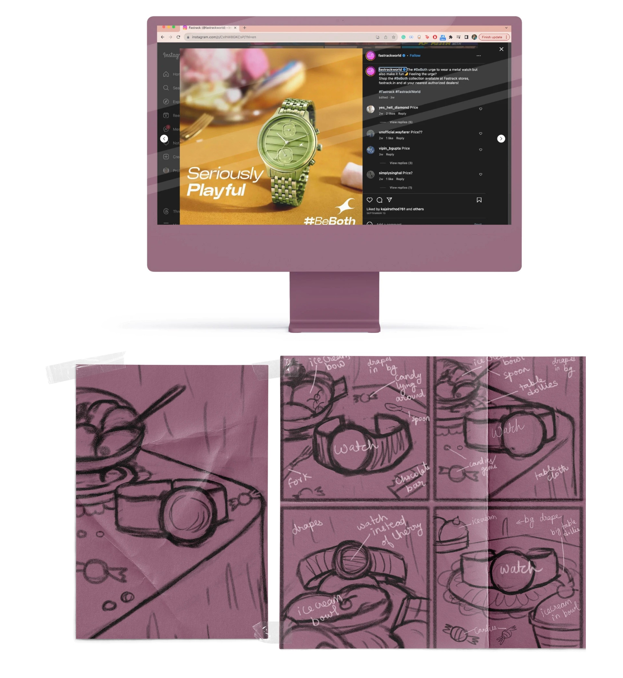 Fastrack watch on a dining table in warm light on a mauve monitor, with the matching storyboard sketches