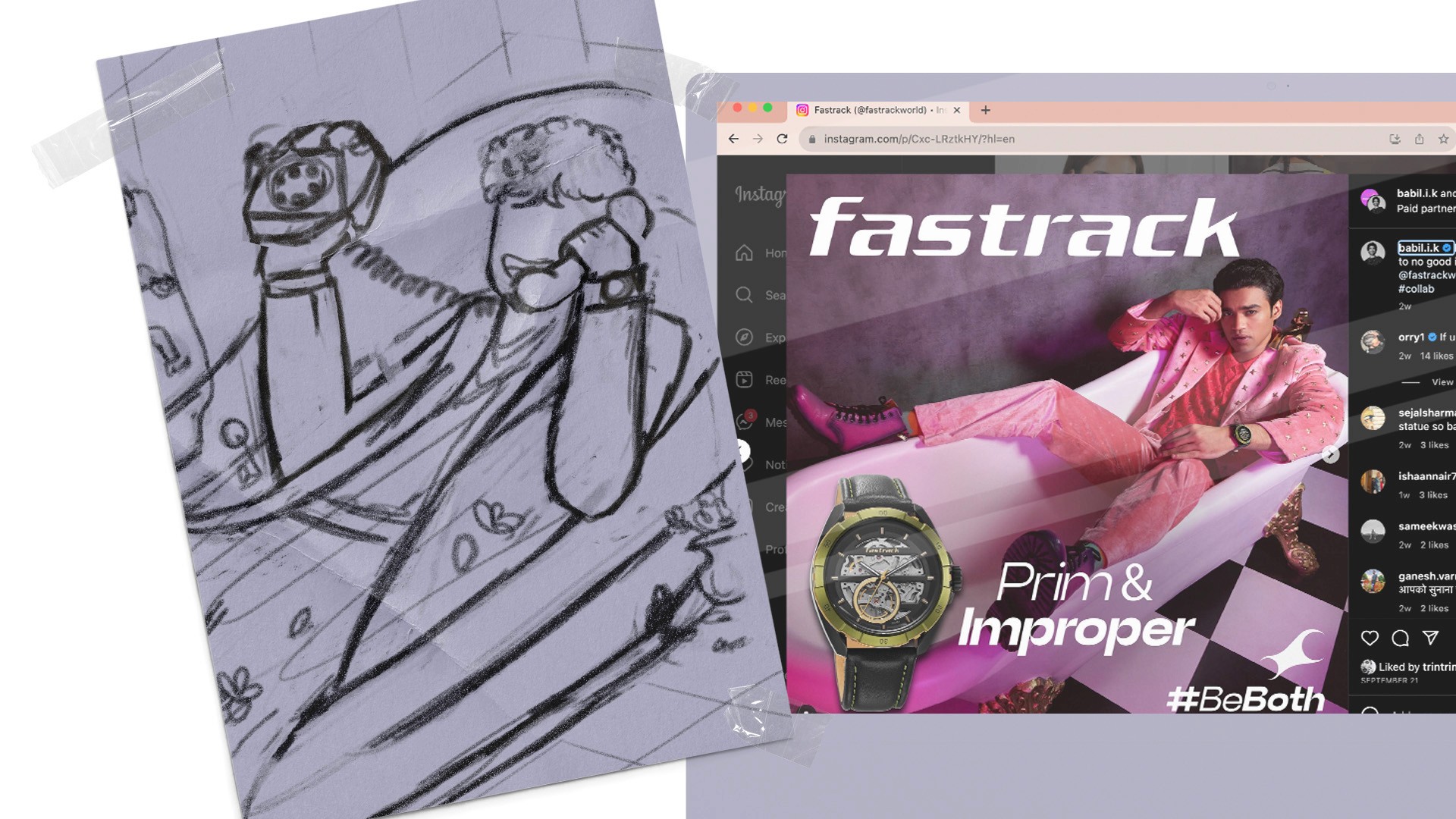 Pencil storyboard sketch beside the final Fastrack Prim and Improper ad featuring a man in a pink suit and a watch