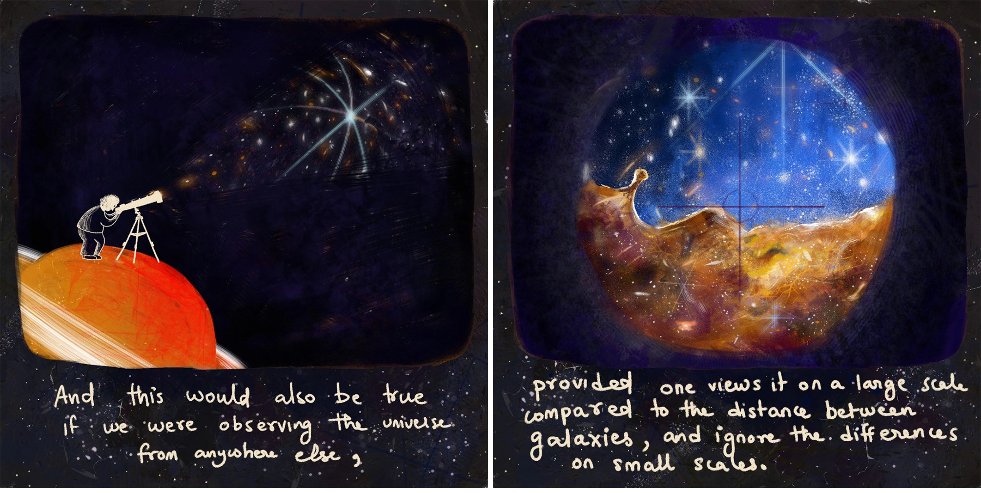 Comic panels of a figure with a telescope gazing at the stars, reflecting that the universe looks alike from anywhere